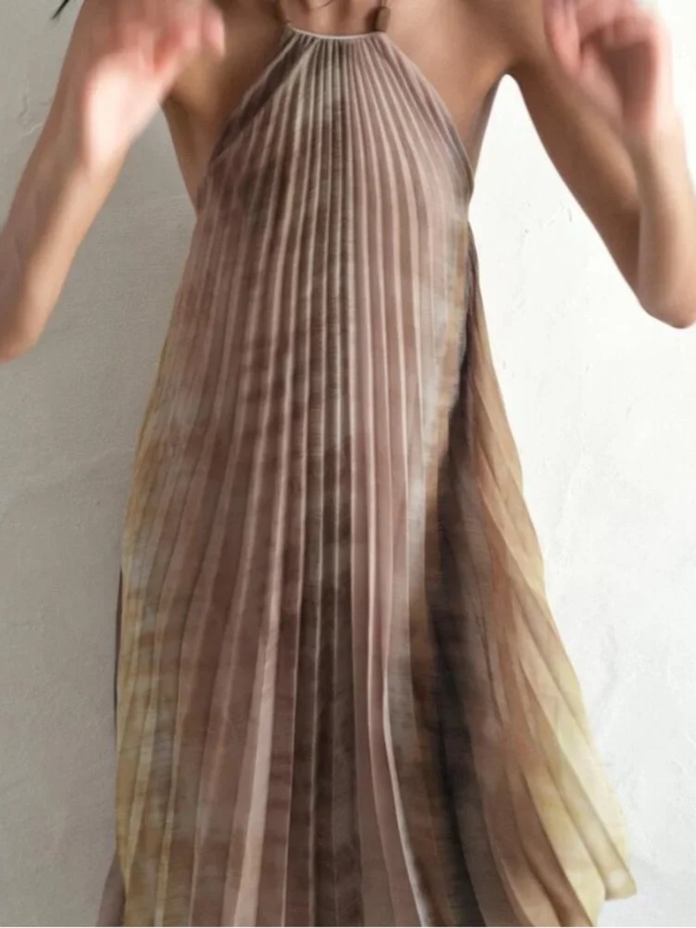 ZARA Pleated Tie-dye Halter Long Dress w Beaded Straps